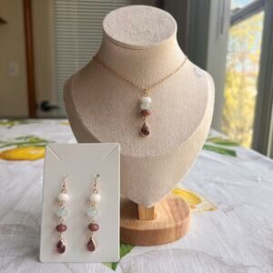 Garnet Aquamarine Floral Flower White Jade Crystal Glass Beaded Casual Set